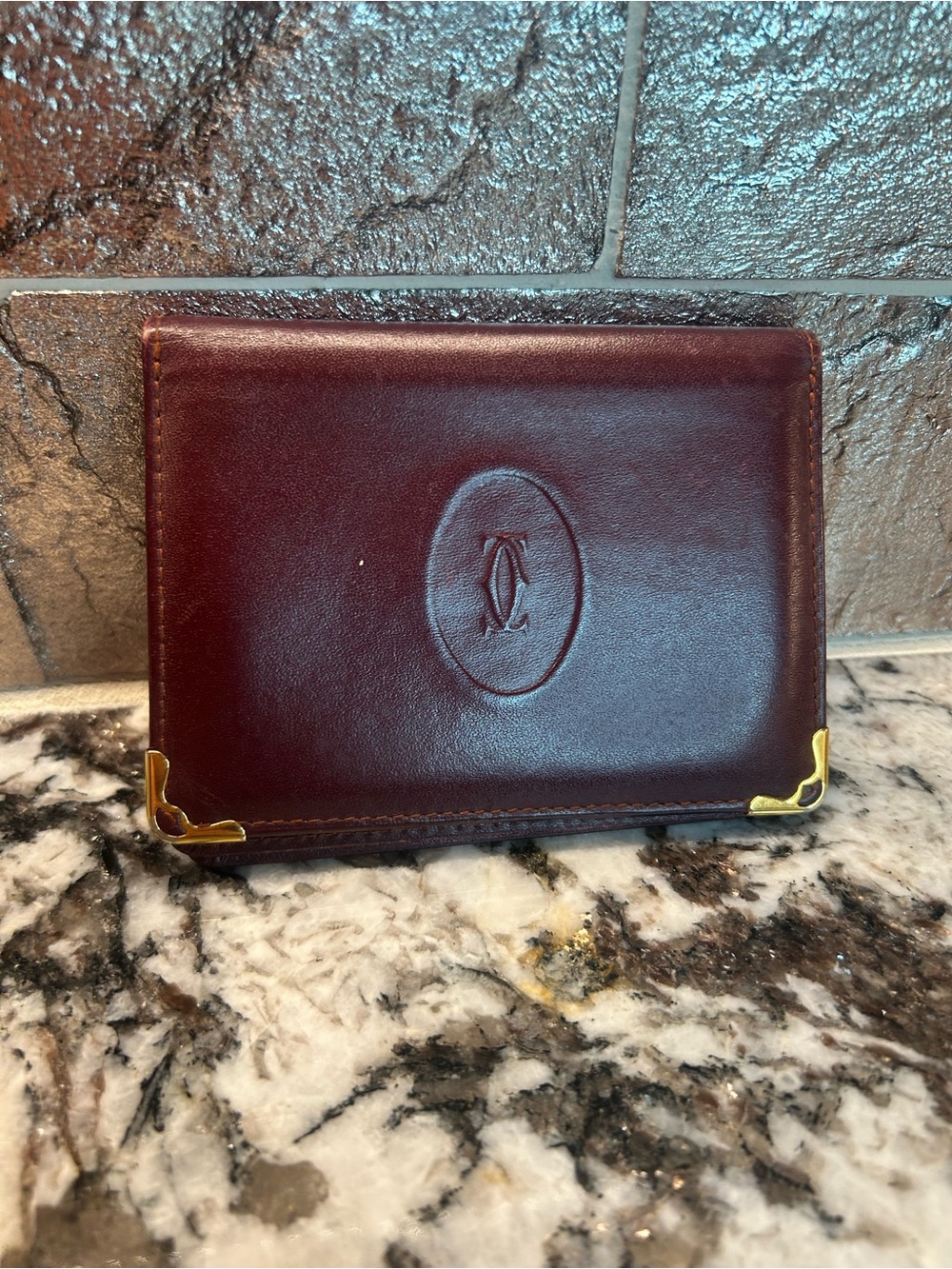 Cartier Burgundy Leather Card & Key Holder with Gold Corners